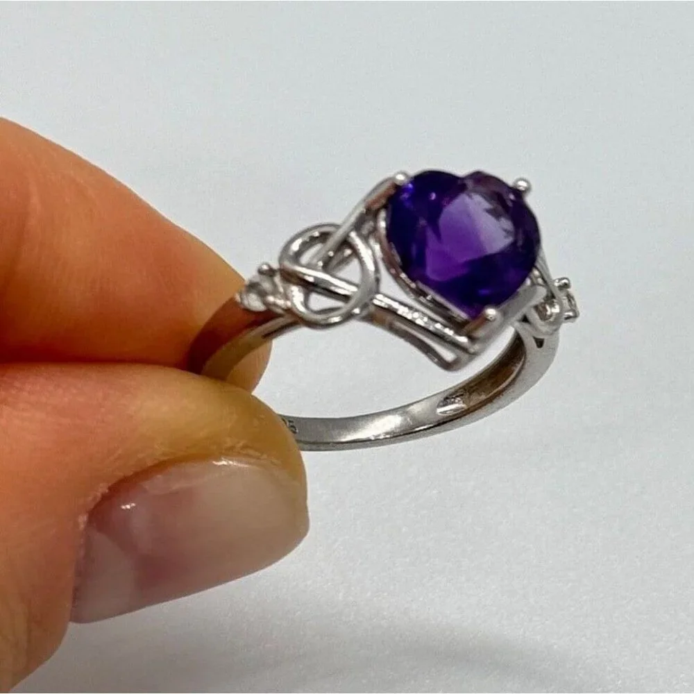 925 STERLING SILVER AMETHYST & GOSHENITE HEART RING SIZE 6